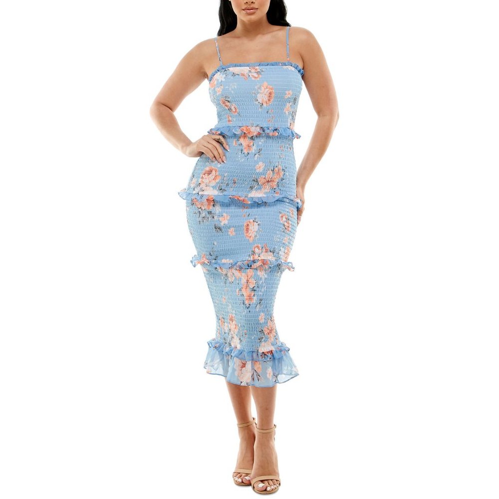 Bebe Women Juniors Floral Smocked Ruffle Woven Midi Tiered Bodycon Dress Blue XL